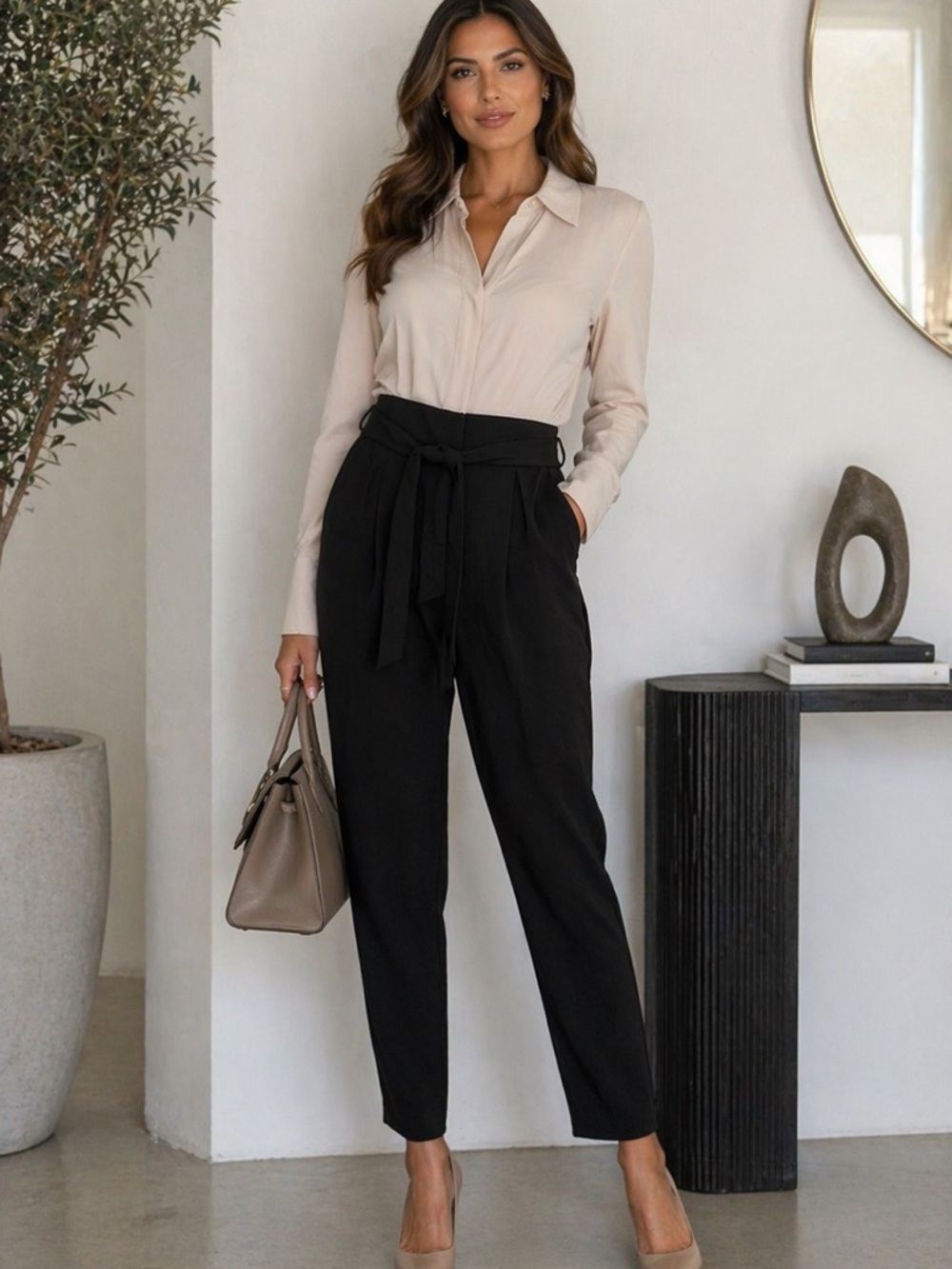 EQUIPMENT Femme High-Waist Tie Belt Black & Ivory Jumpsuit (0)